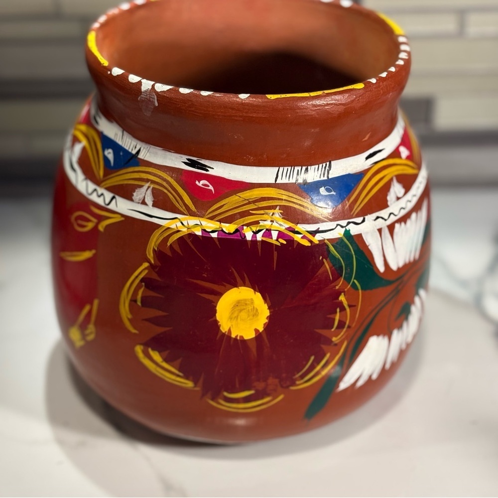 Authentic Hand Painted Terracotta Vase with Floral Design with Folk Art